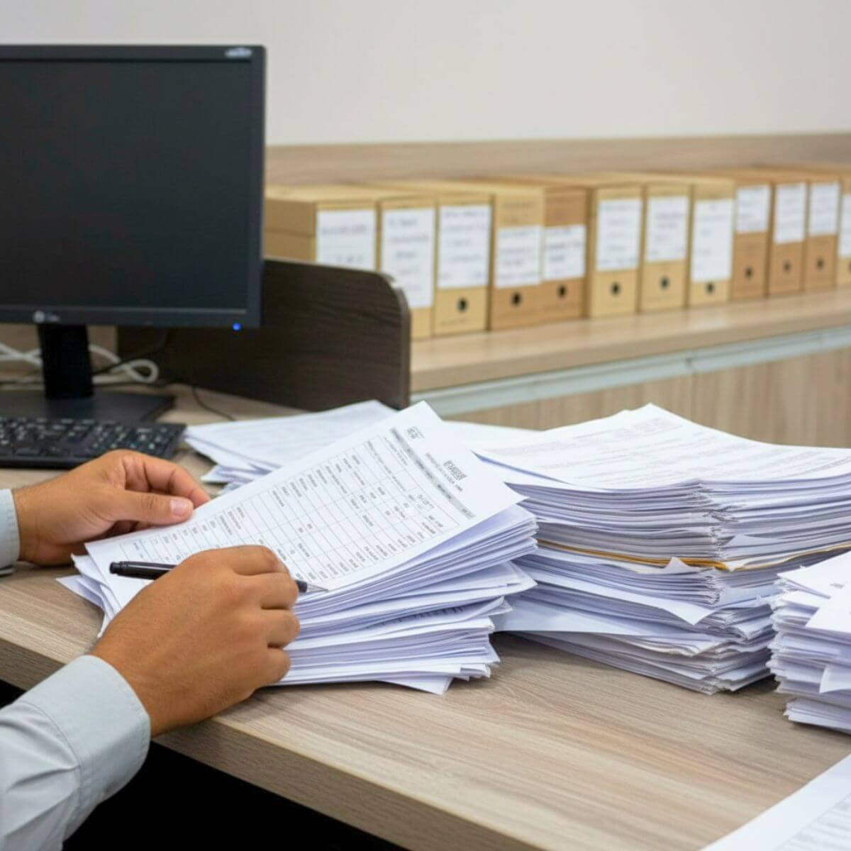 Contador profissional revisando papelada em escritório, representando o atendimento especializado para profissionais e empresas no Mato Grosso.